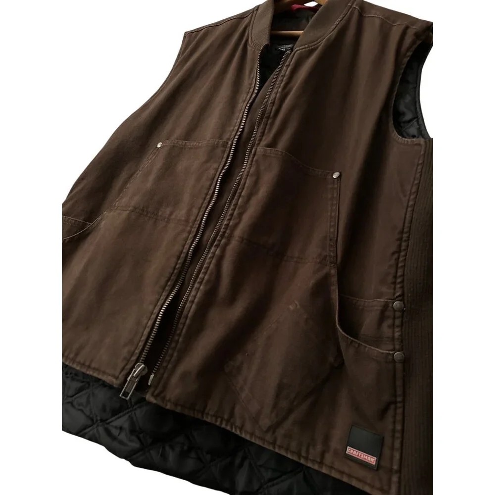 Craftsman Vintage Brown Work Vest Canvas Quilted With Zipper Close & Pockets XL - Picture 7 of 8